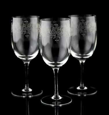 Vintage Blown Crystal Scroll Etch Wine Glasses Set Of 3 Elegant Stemware  • $34.95