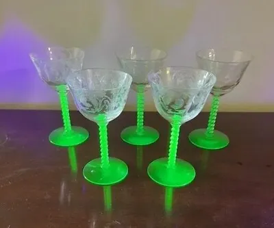 VERY RARE!!! Vintage Uranium Glass Goblet Set Of 5 Depression Era Wine Glasses • $150