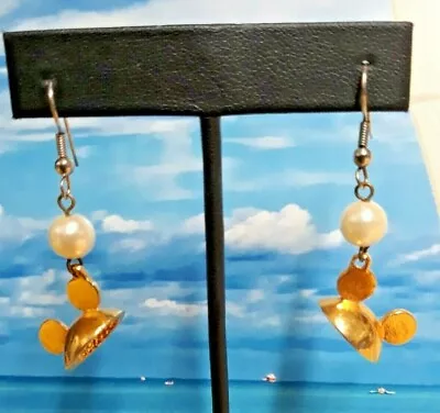 Mickey Mouse Dangle Earrings With Gold Tone Ears Cap And Faux Pearl Bead • $20