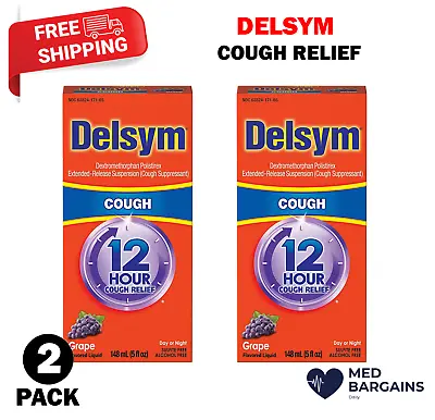 Delsym Adult Cough Suppressant Liquid Grape Flavor 12hr Relief 5 Ounce  - 2 Pack • $15.95