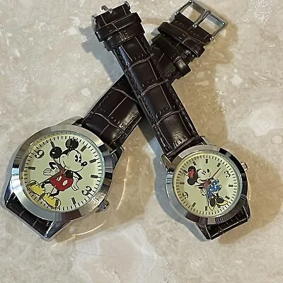 Disney Collection His Hers Set Watch Brown Leather Mickey Minnie Mouse Sm Flaw • $32.50