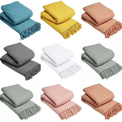 Single Double King Throw Blanket 100% Cotton Honeycomb Sofa Bed Blankets Throws • £14.95