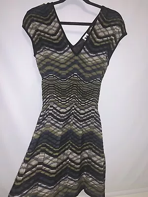 M MISSONI Rib Knit V Neck Fit & Flare Dress Size  US 4 Green Multicolor Print • $51