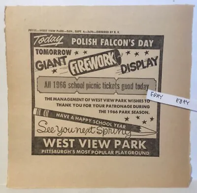 1966 West View Amusement Park Pittsburgh Pa. Polish Falcon’s Day Rare Ad Proof • $39.85