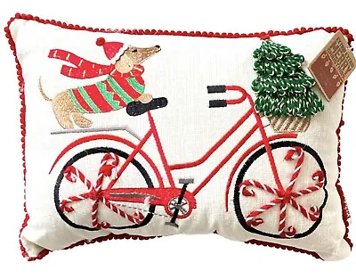 Dachshund On Bike Christmas Accent Throw Pillow Doxie Wiener Dog 14  X 10  Decor • $24.95