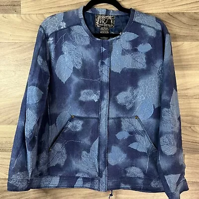 Vintage EVR Jacket Womens M Blue Leaves 100% Silk Collarless Zip Pockets Lined • $20.89