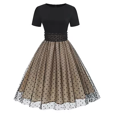 Women's 50s Retro Rockabilly Dress Short Sleeve Mesh Polka Dot Tulle Sum Dress& • £22.08