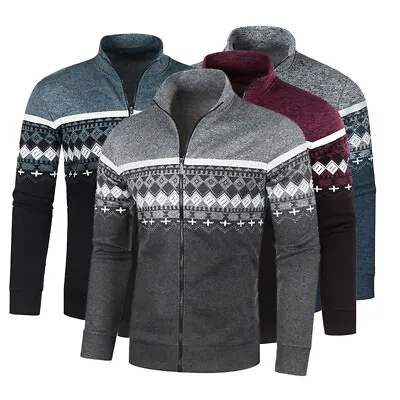 Mens Knitted Cardigan Jacket Pullover Zip Up Jumper Warm Thermo Fleece Lined • £12.99