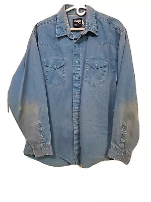 VTG Wrangler Distressed Blue Rodeo Cowboy Shirt Mens 18-36 X Long Tails • $47.97