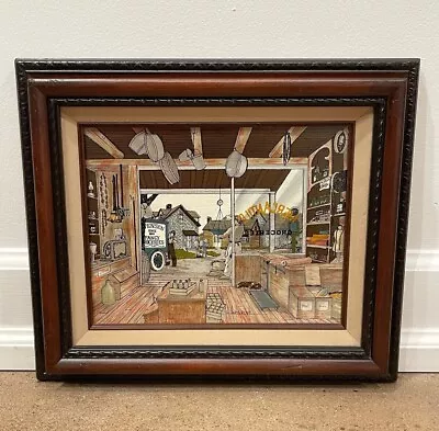 Vintage H. Hargrove Mercantile Groceries Signed Americana Oil Painting Serigraph • $41.99