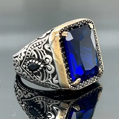 Men Square Blue Sapphire Stone Ring Blue Sapphire Stone Ring Turkısh Handmade • $85