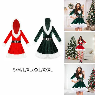 Women's Miss Santa Xmas Suit Outfits Hooded Dress Hoodie Cosplay Costumes • £20.35