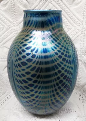 Charles Lotton Signed Iridescent Peacock Pulled Feather Vase Circa 1984 • $1495