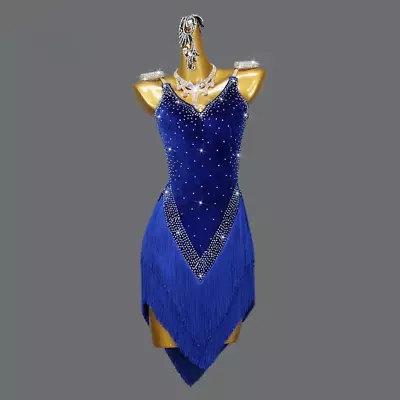 Blue Velvet Latin Dance Dress Women Tassels Sexy Short Skirts Ballroom Practice • £176.21