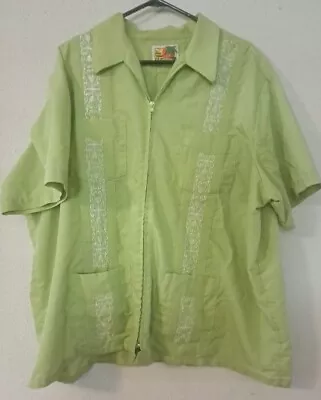 Haband Guayabera Shirt Mens XXL Lime Green Full Zip 4 Pocket Embroidered • $14.45