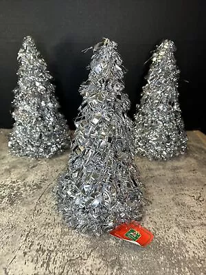 Christmas Tree Set Of 3 Tabletop Foil Confetti Silver Sparkly 10” Tall Festive D • $9.19