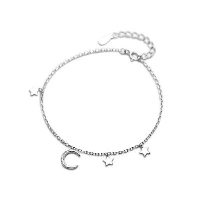 7  Solid 925 Sterling Silver Moon Star CZ Chain Bracelet Gift Box I43 • $12.95