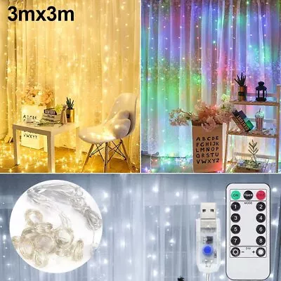 $10.91 • Buy 300 LED Curtain String Fairy Lights USB Remote Wedding Window Hanging Decor Lamp