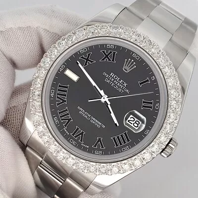 Rolex Datejust II 41mm 3.8ct Diamond Bezel/Rhodium Gray Watch 116300 Box Papers • $13050