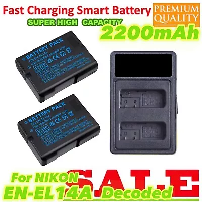 2 Decoded EN-EL14A Battery +Dual Changer For Nikon D3500 D5600 D5100 D5200 P7000 • $56.55