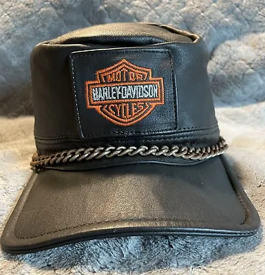 Vintage Harley Davidson USA Black Leather Captain Biker Cap. • $29