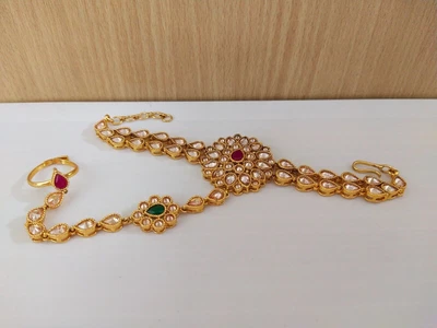 £17.22 • Buy Indian Temple Jewelry Hath Punja Bollywood Ethnic Gold Plated Bracelet With Ring