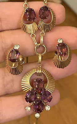 Vintage Van Dell Gold Filled 12k GF Amethyst CZ Rose Gold Necklace Earrings Set • $148.75