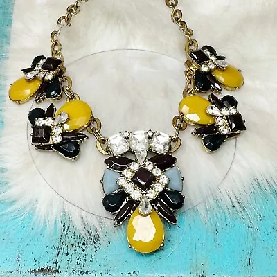 J Crew Gold Tone Necklace Yellow Purple Blue Enamel Crystal Turquoise Statement • $29