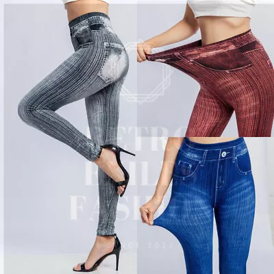 SMLXLXXL Women Vertical Stripe Imitation Denim Leggings Slim Push Up Pants • $13.49
