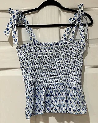 NWT J Crew Sz S Smocked Tank Top Tie-Shoulder Womens Cotton Blue Floral Print • $15