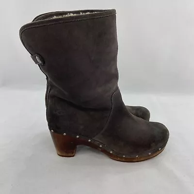 UGG Boots Women 8 Brown Leather Lynnea Fur Lined Cuff Wooden Clog Booties Winter • $44.82