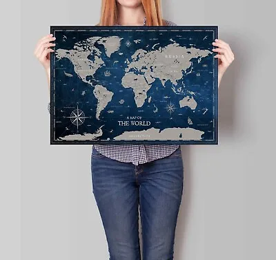 World Map Laminated  Print Poster Blue Wall Chart A1 A2 A3 Free Postage • £9.99