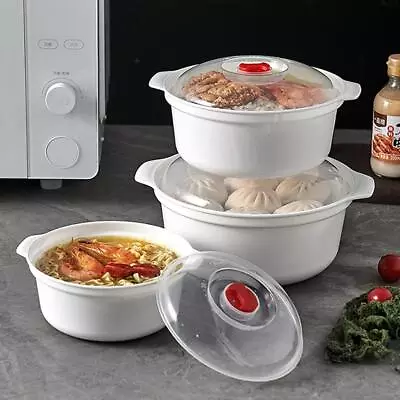 Kitchen Microwave Oven Heating Steamer Basket Plastic Container Lid W/ Food UKN • £8.38