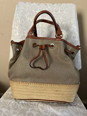 Michael Kors Drawstring Handbag Hobo Metallic Golden Canvas Fabric Beige Brown • $19