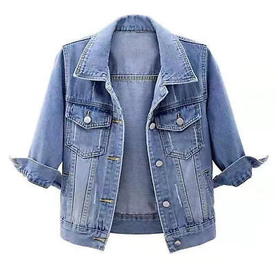 Slim Fit Denim Jacket Women's With Lapel 3/4 Sleeves Single Breasted Casual • $39.64