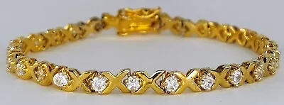 Vtg 925 Gold Vermeil Over Solid Sterling Cubic Zirconia Gemstone Tennis Bracelet • $21.99