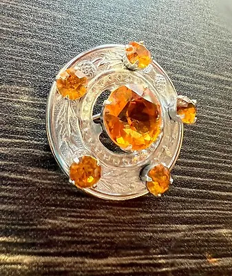 Vintage Scottish Celtic Silver Tone Thistle Flower Amber Rhinestone Clan Brooch • $24