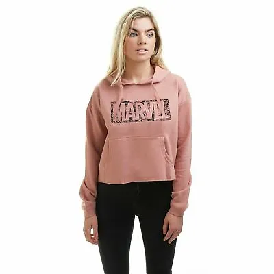 Official Marvel Ladies Comic Logo Cropped Pullover Hood Dusty Pink S -XL • £24.99