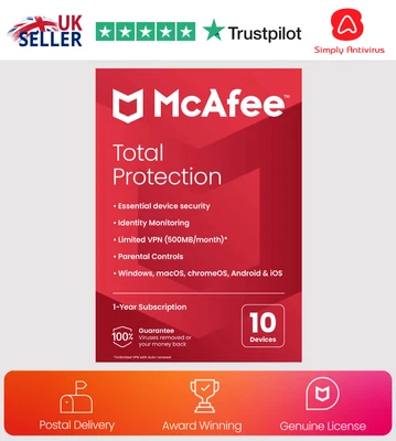 £17.99 • Buy McAfee Total Protection Antivirus 2023 - 10 Devices 1 Year - Delivery By Post
