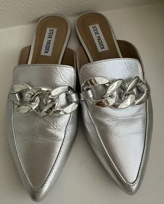 Steve Madden Mules Fleur Silver Leather Chain Shoes Slides Flats Metallic SZ 8.5 • $19.99