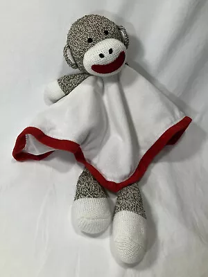 Sock Monkey Security Blanket Lovey Plush White Red Rattle Soft Satin-y Fabric • $11.32