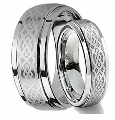 2 Set 6mm & 8mm Matching Tungsten Carbide Celtick Knot Wedding Ring Set • $42.60