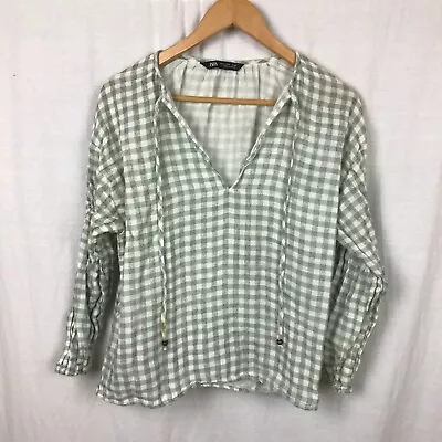 Zara Women's Gingham Long Sleeve V Neck Shirt Green White Casual Size Small • $0.99