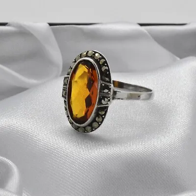 Vintage 925 Silver Oval Orange & Marcasite Stone Set Cocktail Ring ~ Size U 1/2 • £39