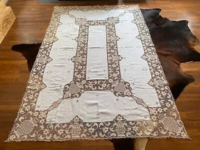 Vintage Beige Needlelace Point De Venise Tablecloth Vases Flowers 64 X 97  Italy • $124