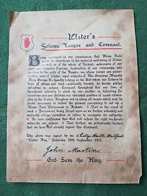 1912 Ulster Solemn League & Covenant Signed By John Martin City Hall Belfast.  • £90