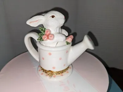 Ceramic White Bunny In A Watering Can Hinged Box 1998 Mud Pie COMES W/CUTE BOX! • $15.99