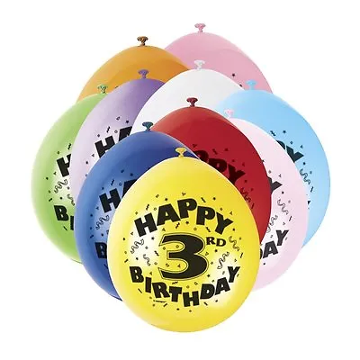 3rd HAPPY BIRTHDAY BALLOONS Pack Of 10 AGE 3 PARTY   Boy Girl   FAST DISPATCH • £2.95
