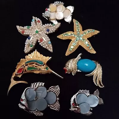 Vintage Rhinestone Starfish And Fish 7 Brooch Lot • $23.99