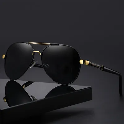 Polarized Sunglasses Aviators Pilot Polarised Glasses Black Gold Frame Men UV400 • £7.95